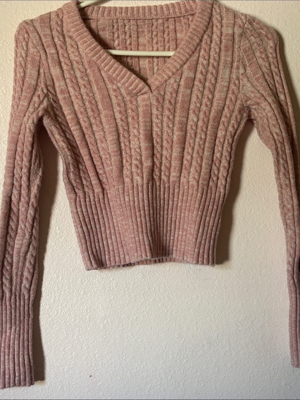 Women’s Pink V-Neck Cable Knit Sweater, Cropped, Size XS